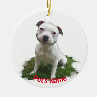 White Pitbull Grinning in the Grass Ceramic Ornament