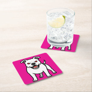 White Pitbull Red Eyes Angry Cartoon Dog Gift Square Paper Coaster