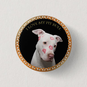White pitbull with red kisses all over his face. 3 cm round badge