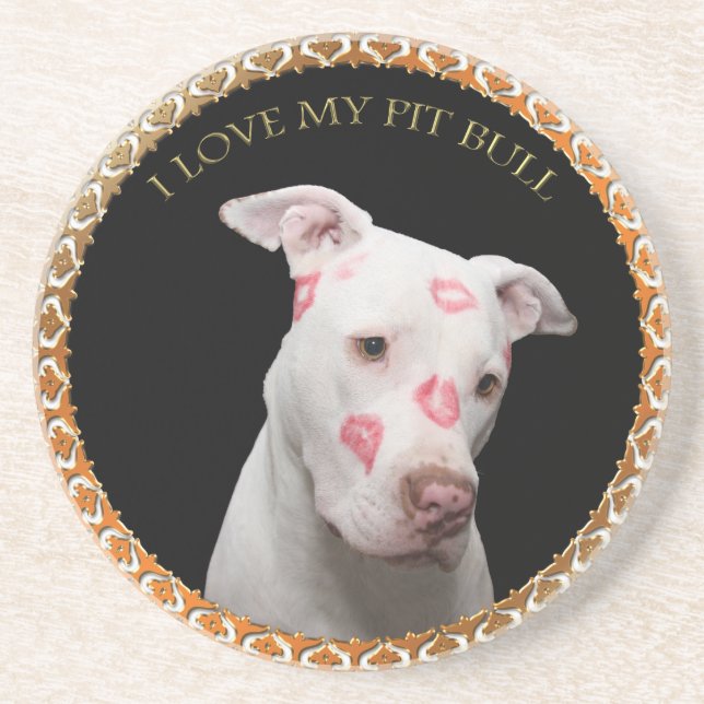 White pitbull with red kisses all over his face. coaster (Front)