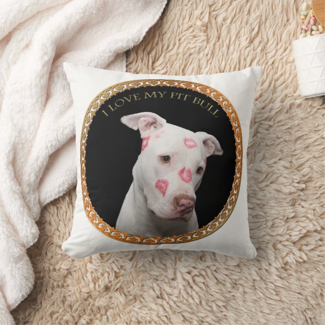 White pitbull with red kisses all over his face. cushion (Blanket)