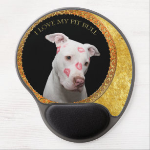White pitbull with red kisses all over his face. gel mouse pad