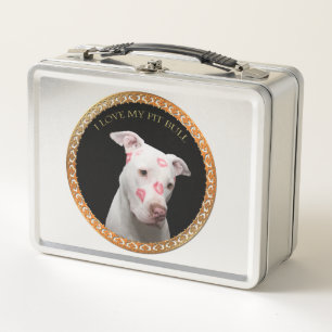 White pitbull with red kisses all over his face. metal lunch box