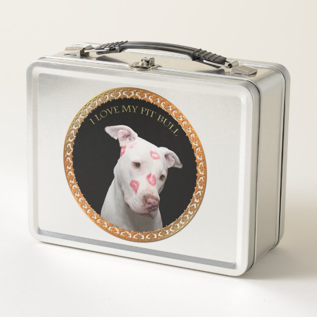 White pitbull with red kisses all over his face. metal lunch box (Front)