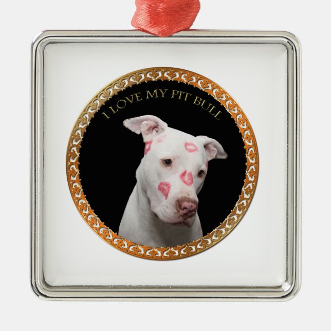 White pitbull with red kisses all over his face. metal ornament (Front)