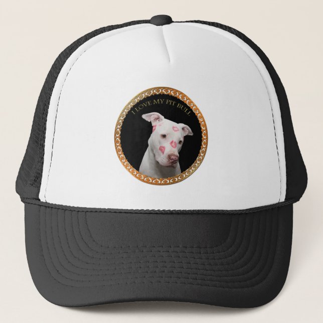 White pitbull with red kisses all over his face. trucker hat (Front)
