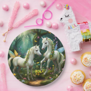 White Pixie Fantasy Horses In Magical Garden, Paper Plate