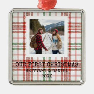 White Plaid Our First Christmas Metal Ornament