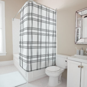 White Plaid Tartan With Black Lines Shower Curtain
