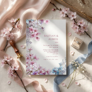White Plaster Pink Sakura Botanical Border Wedding Invitation