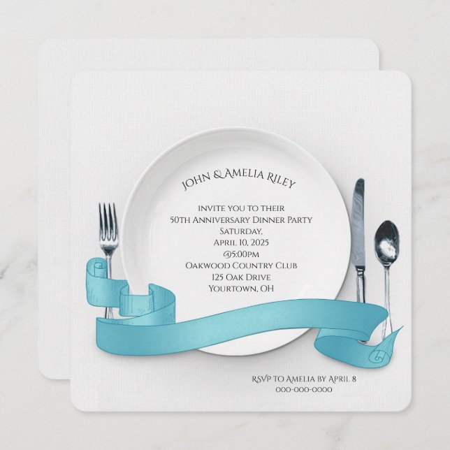 White plate with silverware and banner invitation (Front/Back)