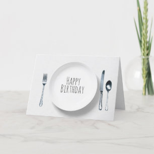 white plate with silverware birthday card