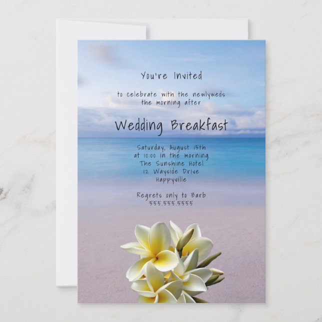 White Plumeria Beach Background Wedding Breakfast Invitation (Front)