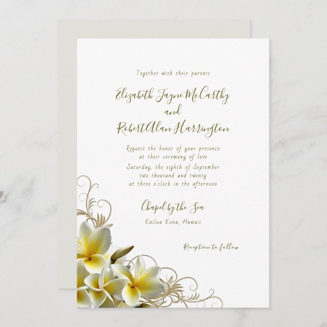 White Plumeria Custom Island Wedding Invitation (Front/Back)