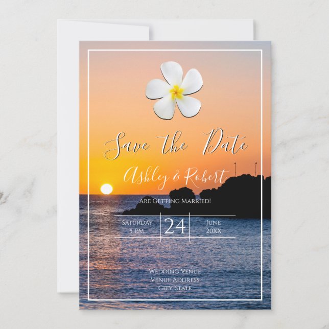 White Plumeria Flower Golden Sunset, Save the Date Invitation (Front)