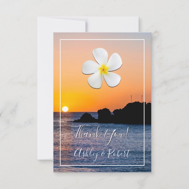 White Plumeria Flower, Golden Sunset, Thank You Invitation (Front)