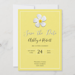White Plumeria Flower on Yellow, Modern Save Date Invitation