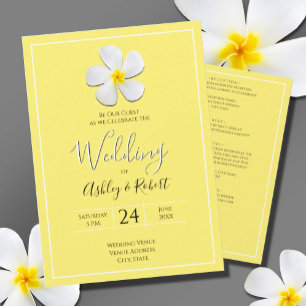 White Plumeria Flower on Yellow, Modern Wedding Invitation