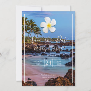 White Plumeria Flower, Tropical Beach, Save Date Invitation