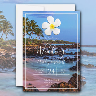 White Plumeria Flower with Tropical Beach, Wedding Invitation