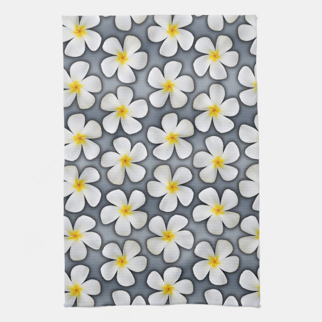 White Plumeria Flowers on Silver Tea Towel (Vertical)