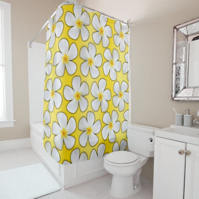 White Plumeria Flowers on Yellow Shower Curtain (In Situ)