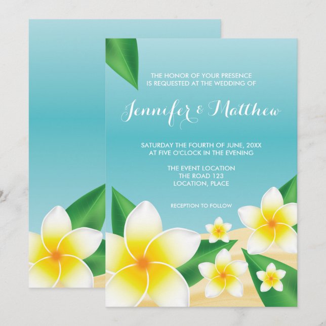 White Plumeria Frangipani Island Beach Wedding Invitation (Front/Back)