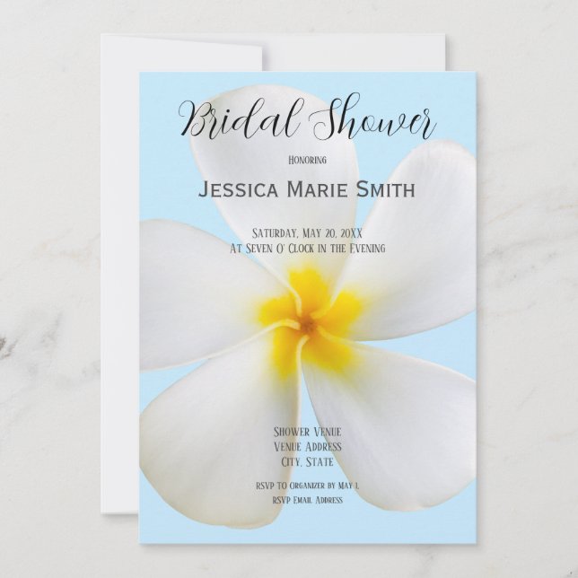 White Plumeria on Blue, Floral, Bridal Shower Invitation (Front)