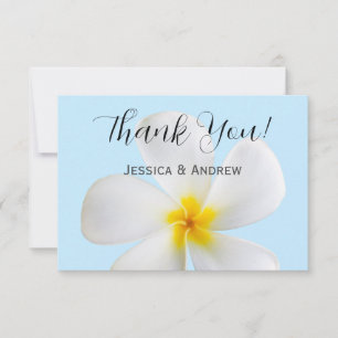 White Plumeria on Blue, Tropical, Floral Thank You Card