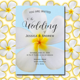 White Plumeria on Blue, Tropical, Floral Wedding Invitation