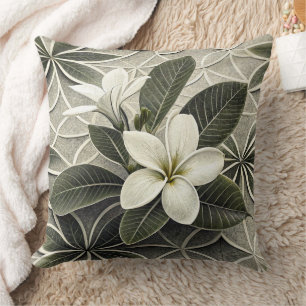White Plumeria Sage Green Botanical Tile Cushion