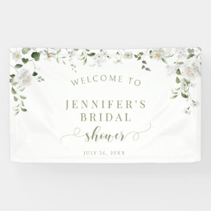 White Poeny Rose Flower Bridal Shower Welcome Banner