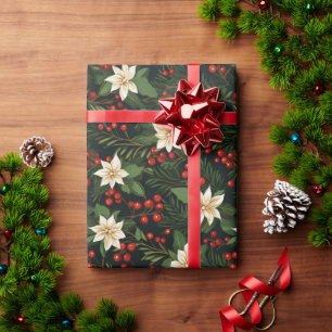 White Poinsettia and Red Holly Berries Wrapping Paper