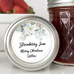 White Poinsettia Blank Homemade Mason Jar Classic Round Sticker<br><div class="desc">Elegant watercolor Christmas white poinsettia berries greenery blank sticker label. Write your spice,  baked good,  canning or whatever you wish for this holiday season.</div>