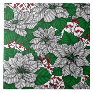 White poinsettia, Christmas pattern Ceramic Tile