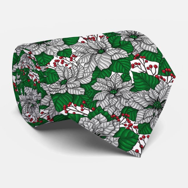 White poinsettia, Christmas pattern Tie (Rolled)