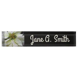 White Poinsettia Elegant Christmas Holiday Floral Nameplate