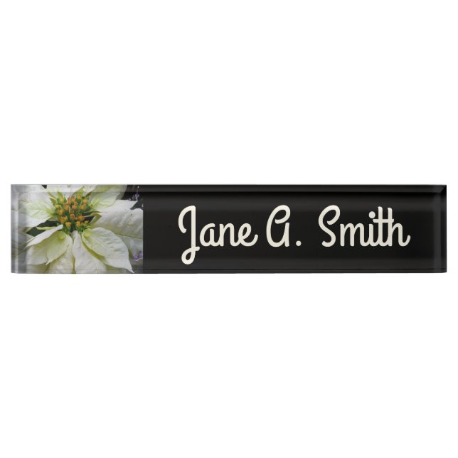White Poinsettia Elegant Christmas Holiday Floral Nameplate (Front)