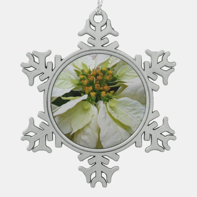 White Poinsettia Elegant Christmas Holiday Floral Snowflake Pewter Christmas Ornament (Front)