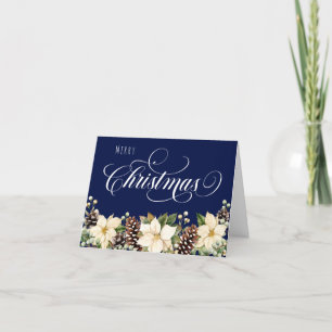 White Poinsettia folded blue Holiday Card