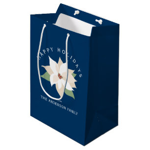 White Poinsettia Happy Holidays Dark Blue Medium Gift Bag