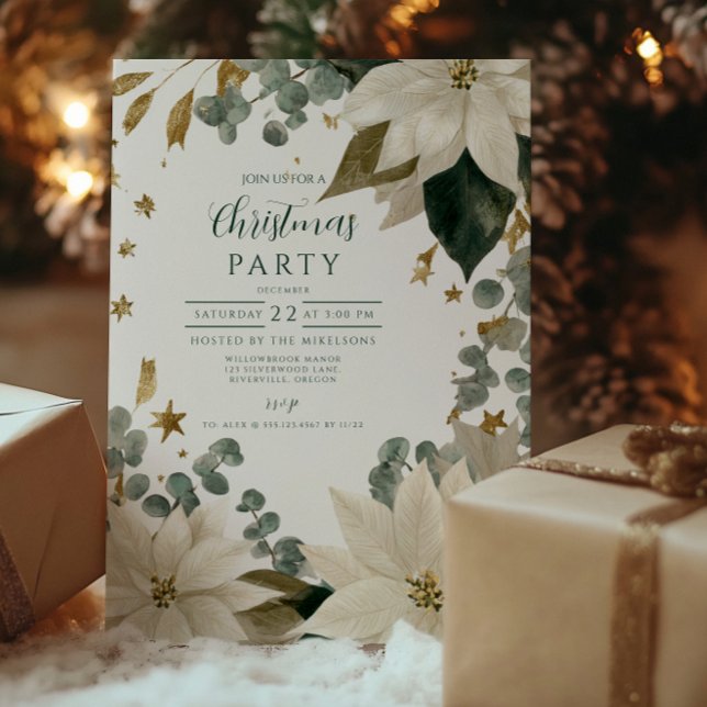 White Poinsettia Holiday Party Invitation (Creator Uploaded)