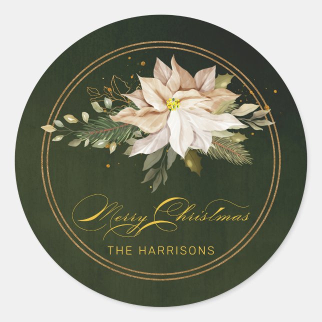 White Poinsettia & Merry Christmas Calligraphy Classic Round Sticker (Front)
