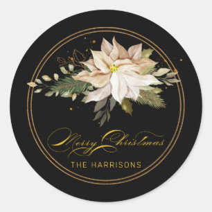 White Poinsettia & Merry Christmas Calligraphy  Classic Round Sticker