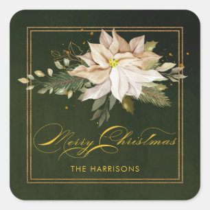 White Poinsettia & Merry Christmas Calligraphy Square Sticker