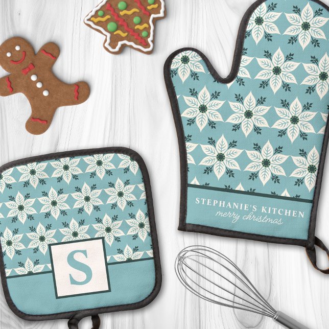  White Poinsettia on Blue Floral Monogrammed Oven Mitt & Pot Holder Set (Creator Uploaded)