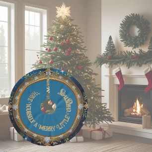 White Poinsettia on Gold Frame with Blue Brushed Polyester Tree Skirt