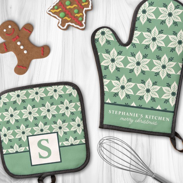  White Poinsettia on Green Floral Monogrammed Oven Mitt & Pot Holder Set (Creator Uploaded)