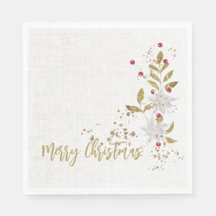 White Poinsettia Red Berries Glitter Faux Linen Napkin