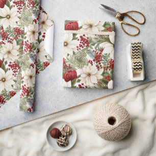 White Poinsettia, Red Floral Christmas   Wrapping Paper